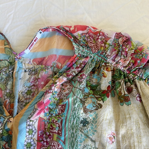 Johnny Was Gardenia Top Multi Color Short Sleeve V-Neck Silk Foral Blouse - Picture 11 of 12